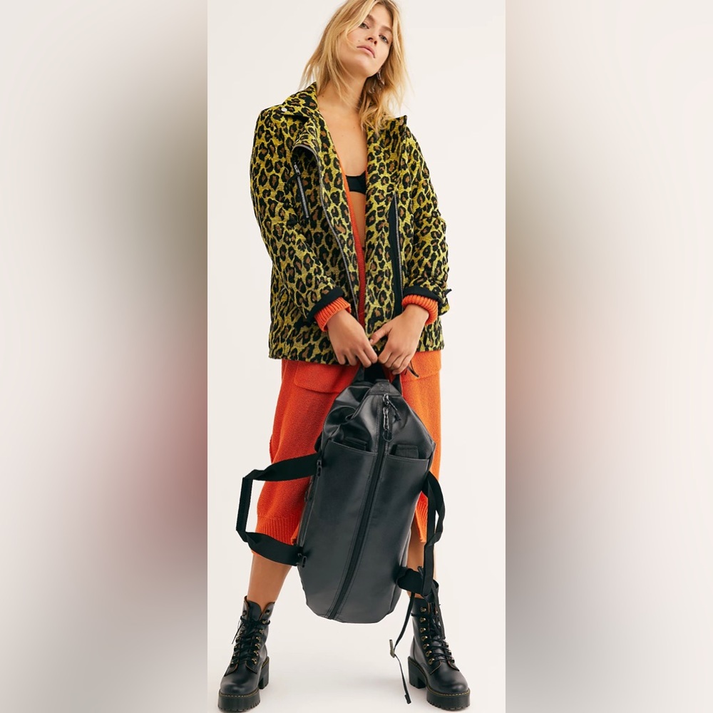 Free People Twill Leopard Print Femme Fatale Long Moto Jacket